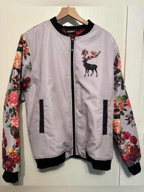 Men’s Floral Sleeve Bomber Jacket in Light Lavender by Fresh Hoods - Size Large